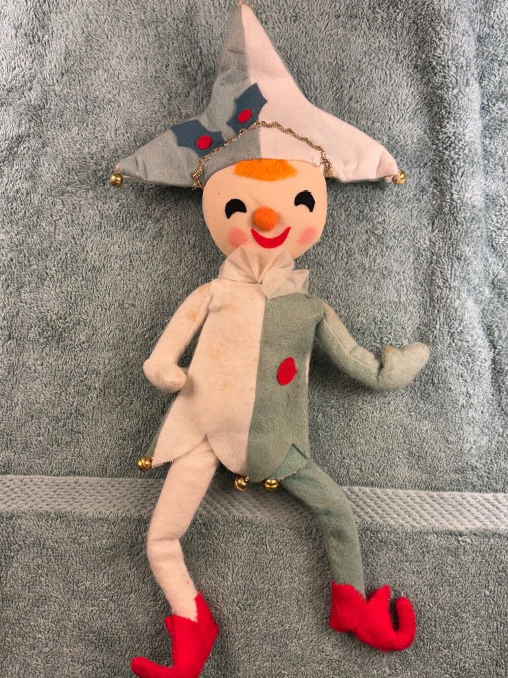 Vintage 1950s Made in Japan Felt Christmas Elf Jester Doll Ornament 13"
